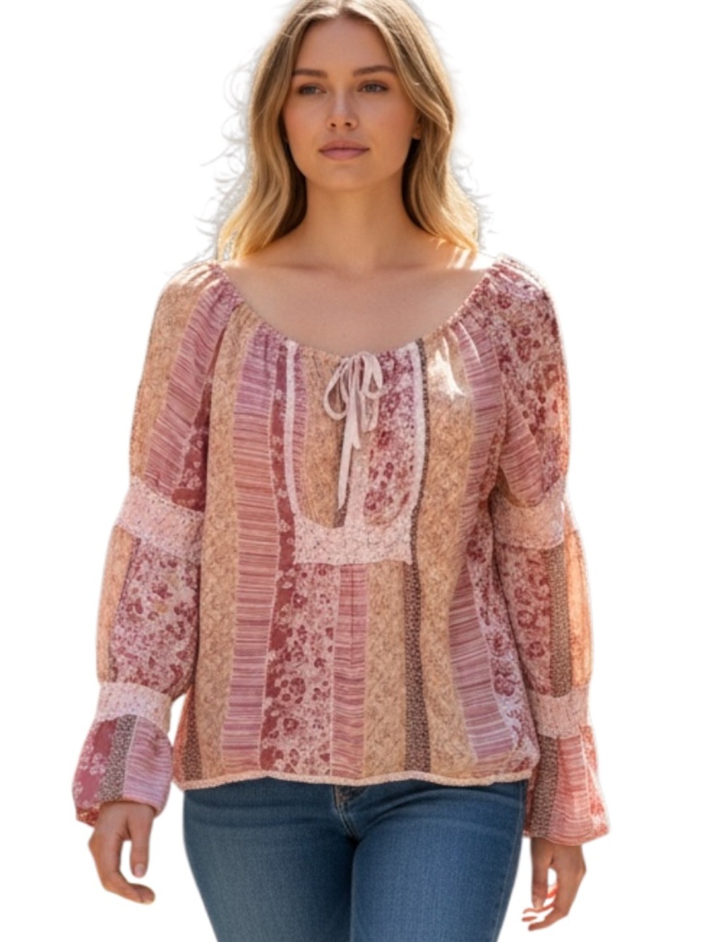 Joe Boxer Pink & Beige Patchwork Tie-Front Boho Blouse